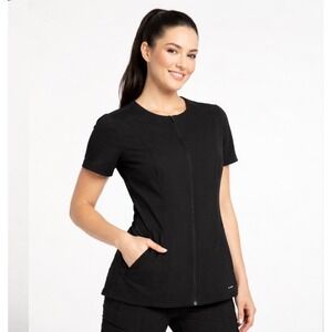 Jaanuu Womens Black Zip Front Scrub Top Short Sleeve Round Neck XS Professional